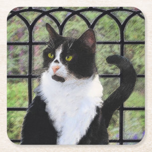 Tuxedo Kat In Venster Schilderen Originele Dierenk Kartonnen Onderzetters