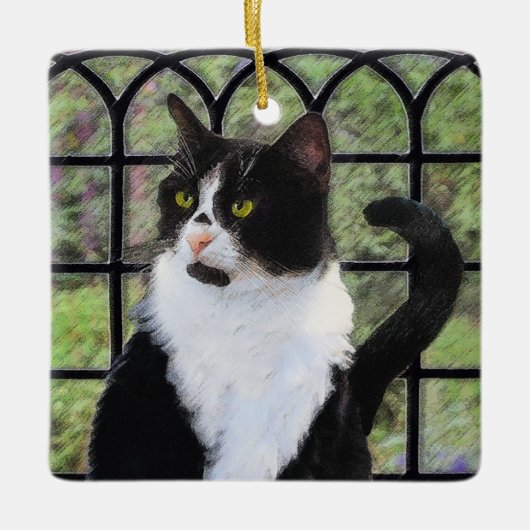 Tuxedo Kat In Venster Schilderen Originele Dierenk Keramisch Ornament (Voorkant)