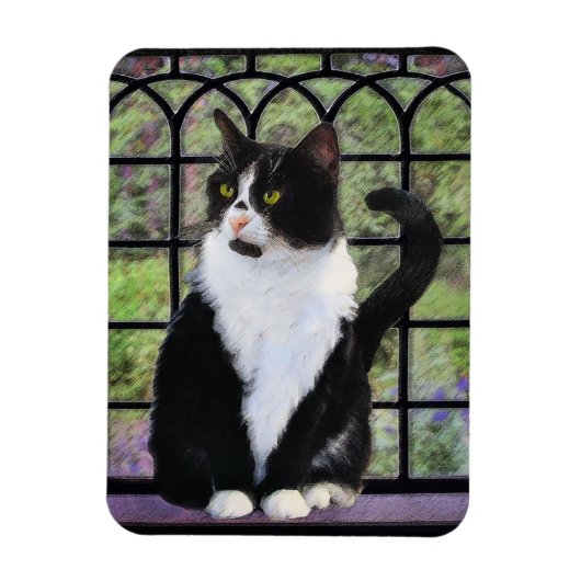 Tuxedo Kat In Venster Schilderen Originele Dierenk Magneet (Verticaal)