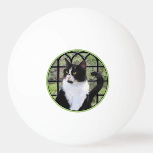 Tuxedo Kat In Venster Schilderen Originele Dierenk Pingpongbal (Voorkant)
