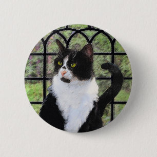 Tuxedo Kat In Venster Schilderen Originele Dierenk Ronde Button 5,7 Cm