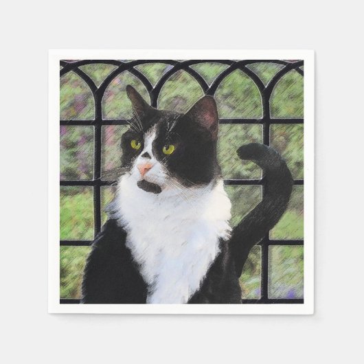 Tuxedo Kat In Venster Schilderen Originele Dierenk Servetten (Voorkant)