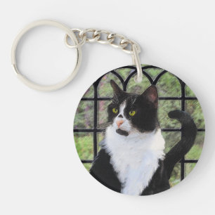 Tuxedo Kat In Venster Schilderen Originele Dierenk Sleutelhanger