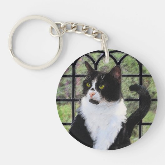 Tuxedo Kat In Venster Schilderen Originele Dierenk Sleutelhanger (Voorkant)