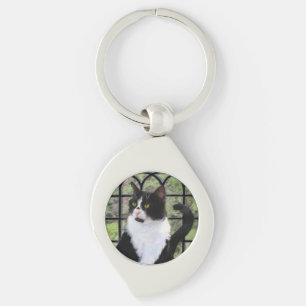 Tuxedo Kat In Venster Schilderen Originele Dierenk Sleutelhanger