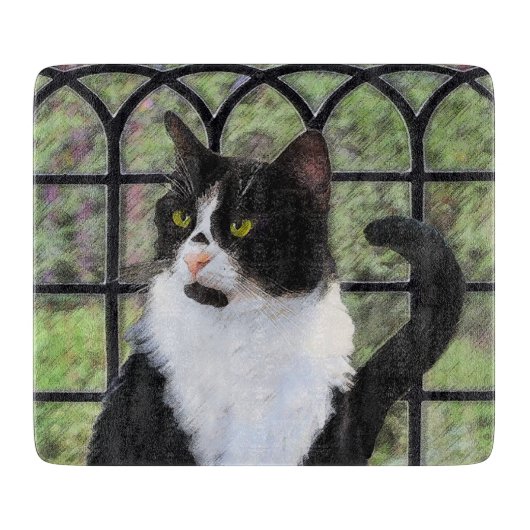 Tuxedo Kat In Venster Schilderen Originele Dierenk Snijplank (Voorkant)