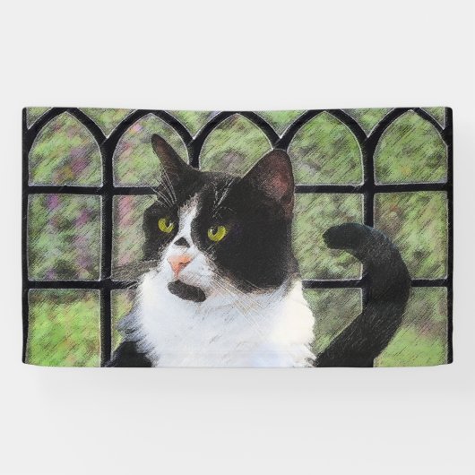 Tuxedo Kat In Venster Schilderen Originele Dierenk Spandoek (Horizontaal)