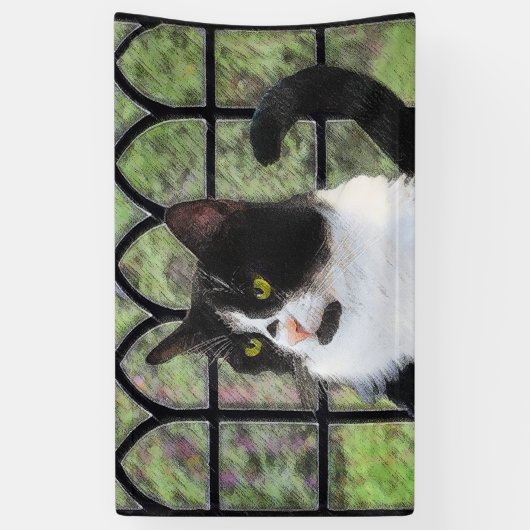 Tuxedo Kat In Venster Schilderen Originele Dierenk Spandoek (Verticaal)