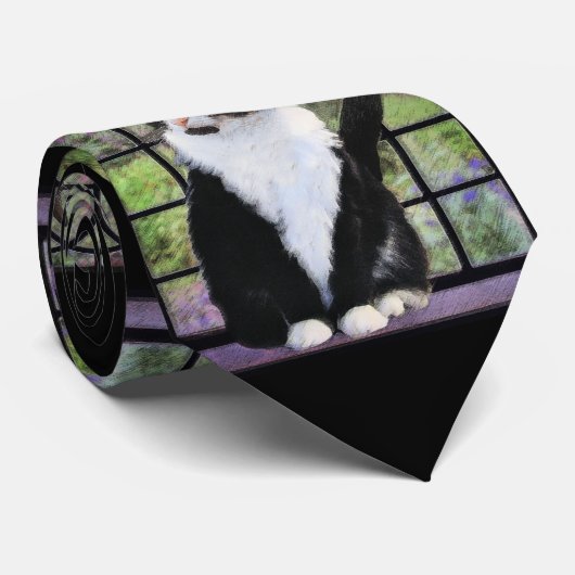 Tuxedo Kat In Venster Schilderen Originele Dierenk Stropdas (Opgerold)