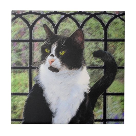 Tuxedo Kat In Venster Schilderen Originele Dierenk Tegeltje (Voorkant)