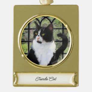 Tuxedo Kat In Venster Schilderen Originele Dierenk Verguld Banner Ornament