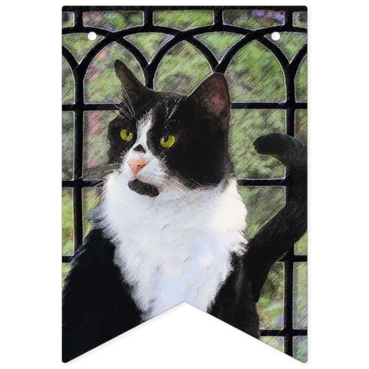 Tuxedo Kat In Venster Schilderen Originele Dierenk Vlaggetjes (Eerste vlag)