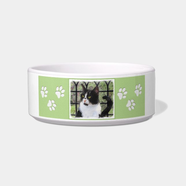 Tuxedo Kat In Venster Schilderen Originele Dierenk Voerbakje (Rechts)