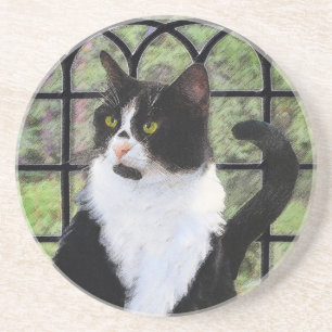 Tuxedo Kat In Venster Schilderen Originele Dierenk Zandsteen Onderzetter