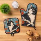 Tuxedo kat Japans schilderij Ovenwant & Pannenlap Set (Top down)