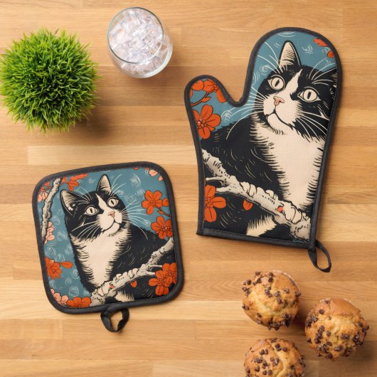 Tuxedo kat Japans schilderij Ovenwant & Pannenlap Set (Top down)