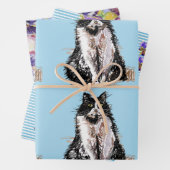 Tuxedo Kat Katten Blauw Bloemen Waterverf Schilder Inpakpapier Vel (In situ)