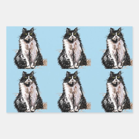 Tuxedo Kat Katten Blauw Bloemen Waterverf Schilder Inpakpapier Vel (Voorkant)