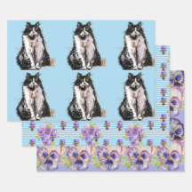 Tuxedo Kat Katten Blauw Bloemen Waterverf Schilder