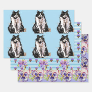 Tuxedo Kat Katten Blauw Bloemen Waterverf Schilder Inpakpapier Vel