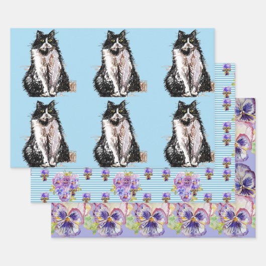 Tuxedo Kat Katten Blauw Bloemen Waterverf Schilder Inpakpapier Vel (Set)