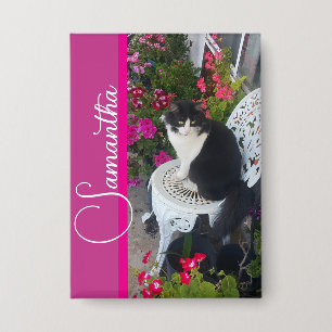 Tuxedo Kat Katten en Bloemen Meisjesnaam Donkerroz Button