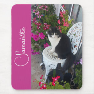 Tuxedo Kat Katten en Bloemen Meisjesnaam Donkerroz Muismat