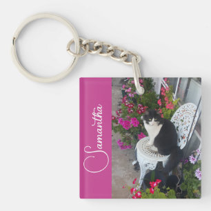 Tuxedo Kat Katten en Bloemen Meisjesnaam Donkerroz Sleutelhanger
