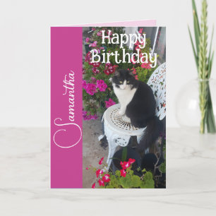 Tuxedo Kat Katten en Bloemen Meisjesnaam Verjaarda Kaart