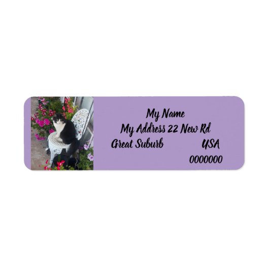 Tuxedo kat Katten Kunst Retouradres Labels Lila (Voorkant)