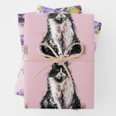 Tuxedo Kat Katten Roze Bloem Waterverf Schilderij Inpakpapier Vel (In situ)