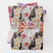 Tuxedo Kat Katten Roze Bloem Waterverf Schilderij Inpakpapier Vel (In situ)