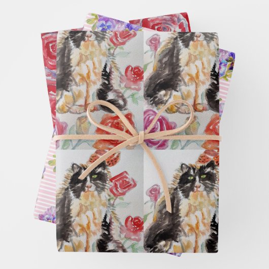 Tuxedo Kat Katten Roze Bloem Waterverf Schilderij Inpakpapier Vel (In situ)