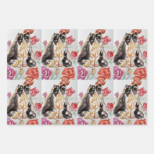 Tuxedo Kat Katten Roze Bloem Waterverf Schilderij Inpakpapier Vel (Voorkant)