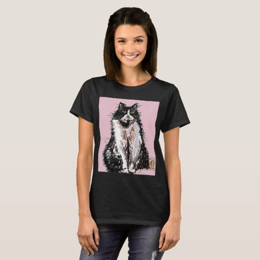 Tuxedo Kat katten schattig Zwart en Witte huisdier T-shirt (Voorkant volledig)