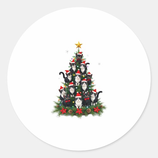 Tuxedo Kat Kerstboom Tuxedo Kat Lichtjes Kerstmis  Ronde Sticker (Voorkant)