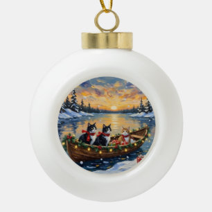 Tuxedo Kat Kerstboot Vakantie Keramische Bal Ornament