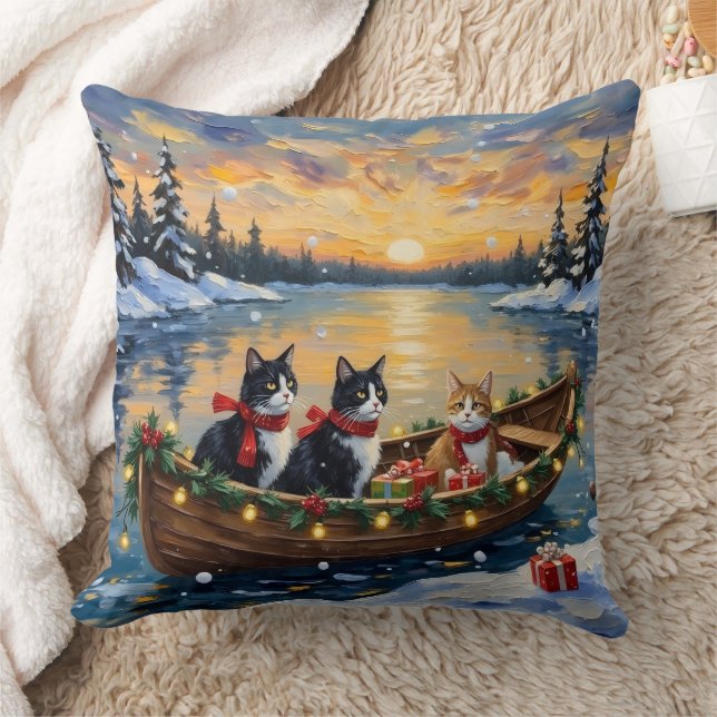 Tuxedo Kat Kerstboot Vakantie Kussen (Deken)