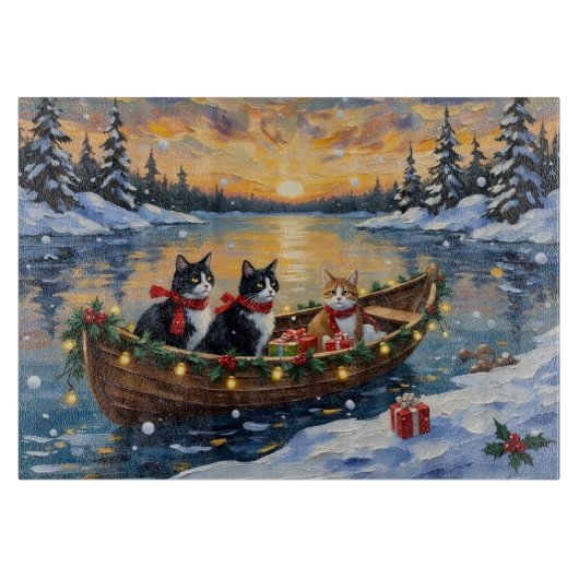 Tuxedo Kat Kerstboot Vakantie Snijplank (Voorkant)