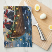 Tuxedo Kat Kerstboot Vakantie Theedoek (Quarter Fold)
