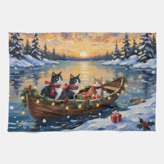 Tuxedo Kat Kerstboot Vakantie Theedoek (Horizontaal)
