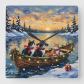 Tuxedo Kat Kerstboot Vakantie Vierkante Klok (Voorkant)
