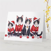 Tuxedo Kat Kerstjurk Kerstman Hoed Kaart (Gele Bloem)