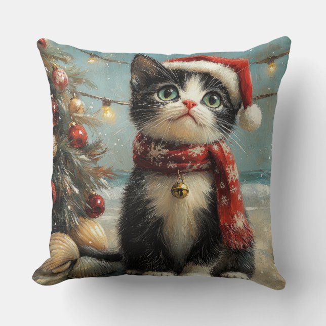 Tuxedo Kat Kerstmis Vintage Strand Kussen (Voorkant)