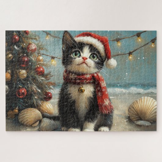 Tuxedo Kat Kerstmis Vintage Strand Legpuzzel (Horizontaal)