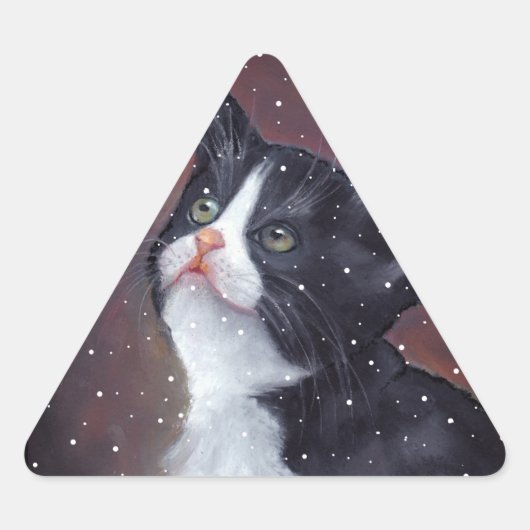 Tuxedo kat kijken omhoog naar sneeuwvlokken, schil sticker (Voorkant)