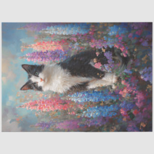 Tuxedo Kat Kleurrijke Lupine Bloemen Decoupage Tissuepapier
