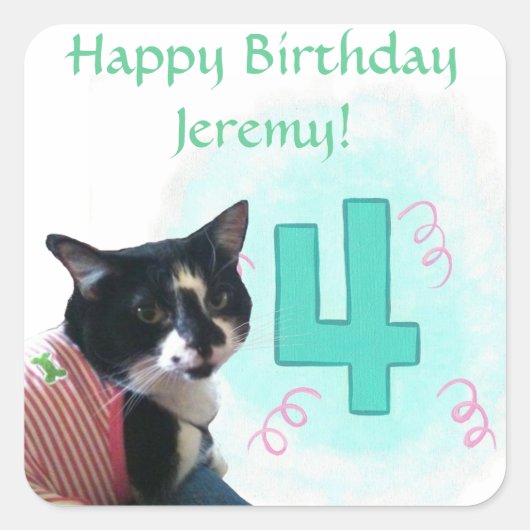 Tuxedo Kat Leeftijd Vier Happy Birthday Stickers (Voorkant)