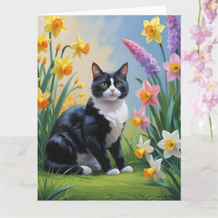 Tuxedo Kat Lentebloemen Schilderij Kaart
