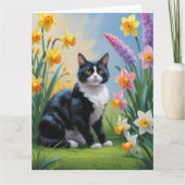 Tuxedo Kat Lentebloemen Schilderij  Kaart (Voorkant)